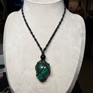 Handcrafted Green Malachite Pendant Necklace - Black Cord